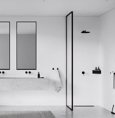 minimalist bathrooms with walk-in shower and double sink