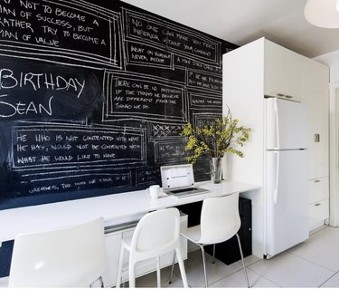 Toronto kitchen with white kitchen floor tiles and chalkboard walls