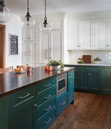 two tone craftsman kitchen cabinets with white and green