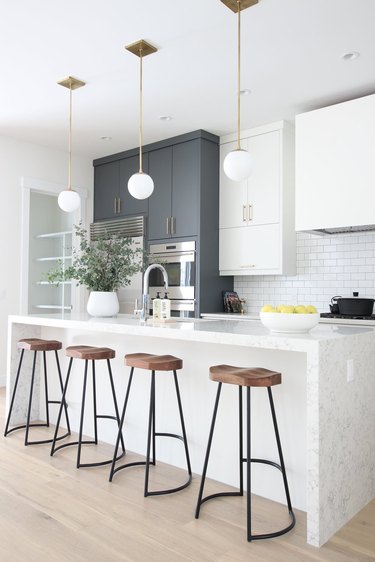 kitchen bar idea with contemporary kitchen with marble island and wooden bar stools