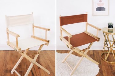 Before and after picture of director's chair remade with leather