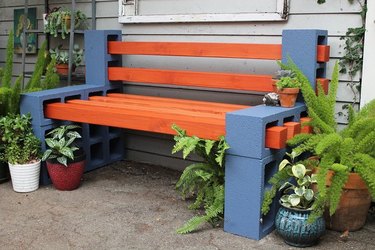 Outdoor bench made from cinder blocks and wood