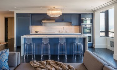 blue one wall kitchen with island