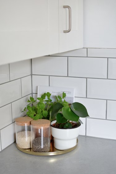 corner of concrete countertop with plants on it and subway tile backsplash