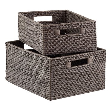 The Container Store gray rattan storage bin with handles