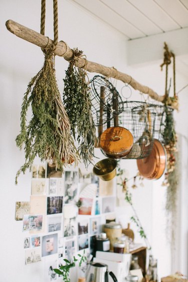 hanging pots and pans in kitchen