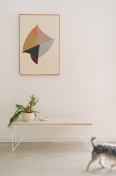 Minimalist entryway design with Hunker rectangular table with plant and ceramic and framed print