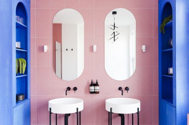 pink and bright blue bathroom