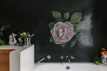 modern bathroom with flower mural bizzasa tiles