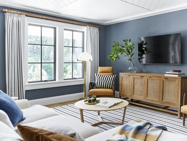 denim blue living room painted in waterloo by Sherwin Williams