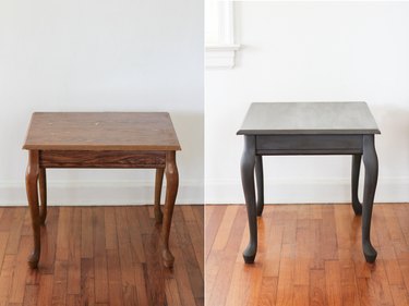 Before and after of chalk-painted end table