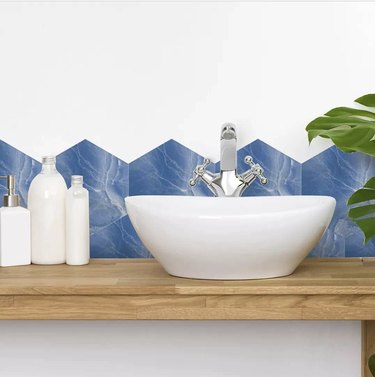 small bathroom backsplash ideas with blue marble wall decals