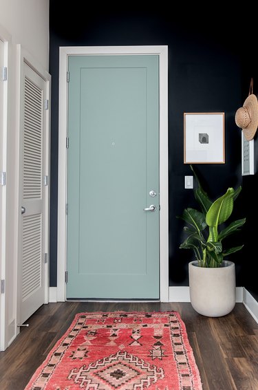 minimalist entryway design with colorful door and dark walls and rug