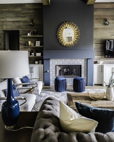 blue painted fireplace surround