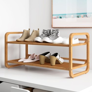 light wood two-tier shoe rack