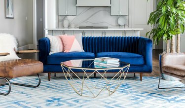 living room with blue and white art deco colors