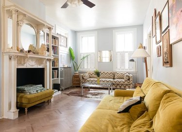 family room flooring ideas with maple herringbone pattern