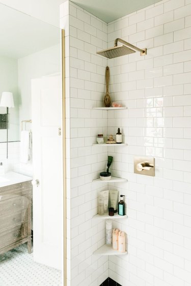 White Corner Shower Shelf, Bathroom Shelves, Minimalist Shower