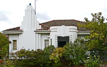 White art deco house with geometric details