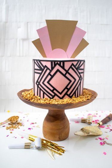 art deco themed party idea with pink art deco cake on cake stand