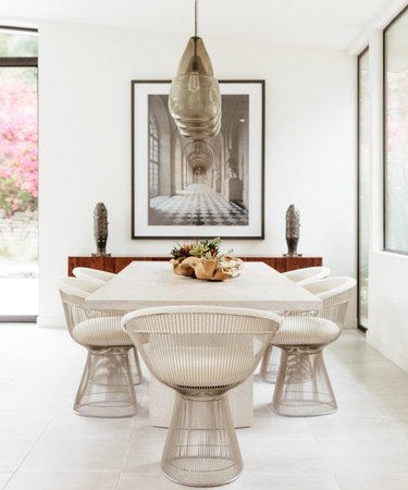 White tile minimalist flooring in midcentury minimalist dining room