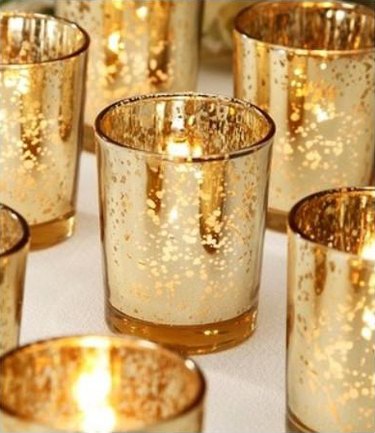 art deco themed party idea with mercury gold candle votives