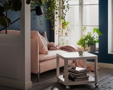 IKEA living room minimalist furniture square side table and pink couch