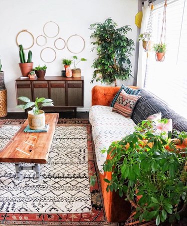 pattern-filled living room with lots of plants and orange sofa