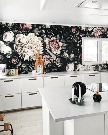 kitchen wallpaper idea with black floral print