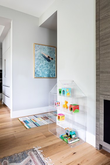 family room toy storage idea with acrylic house bookcase