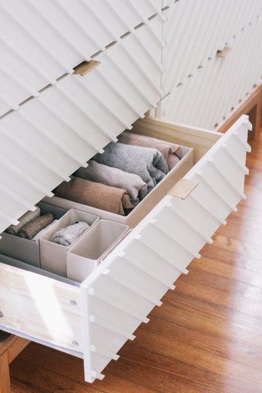 Drawer organized with Marie Kondo style boxes