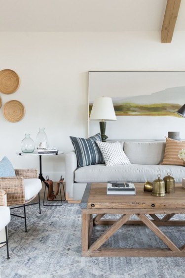 Living room with warm woods and ceiling beams