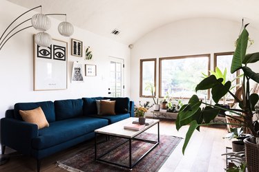 Living room with navy blue couch