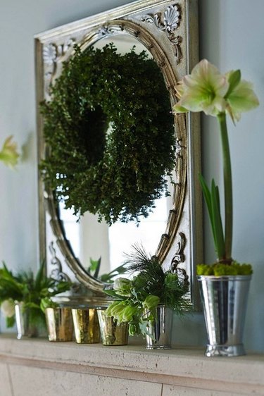 Mirror with Christmas wreath.