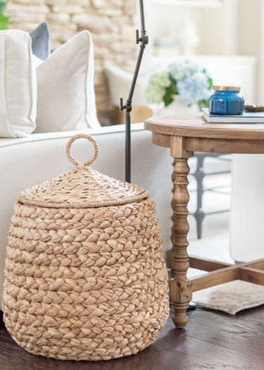 Family room toy storage in natural woven basket