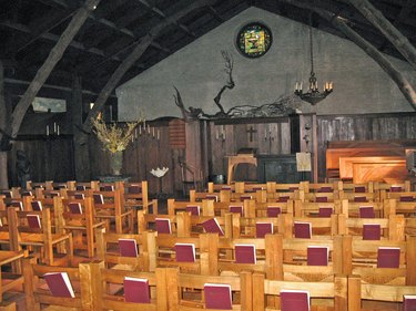 interior of church with wooden chairs