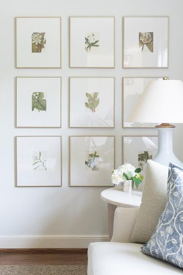 family room wall ideas with botanical prints
