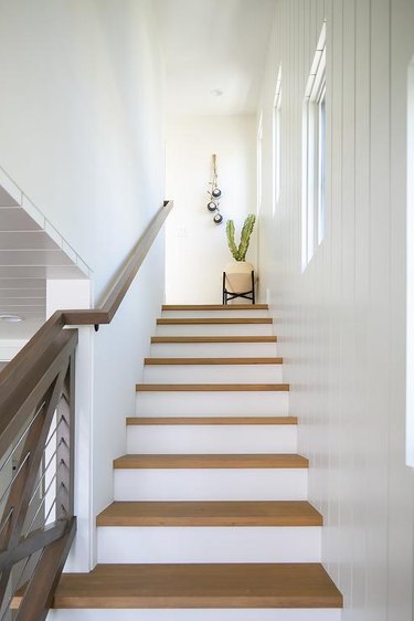 wood and white modern stair railing with cactus