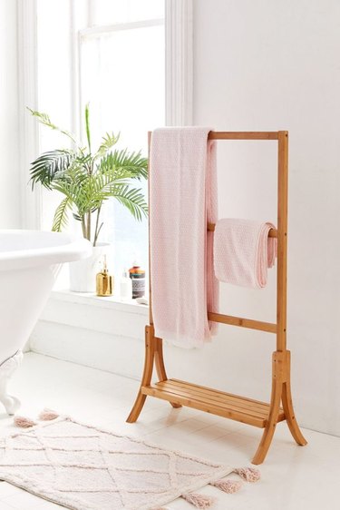 small bathroom storage ideas with bamboo wood towel rack