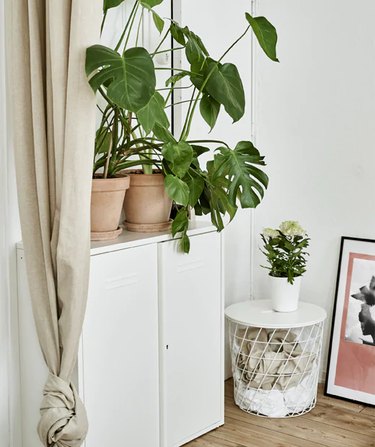 IKEA bedroom idea with a white basket-like storage bin with a table top, next to a white locker with monstera plants