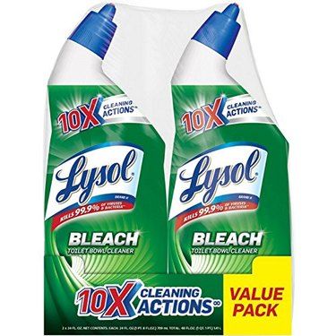 two green bottles of lysol toilet bowl cleaner