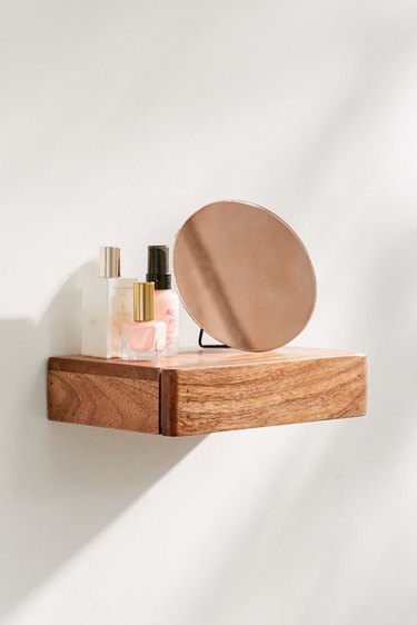 small bathroom storage ideas with  wooden floating wall shelf