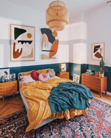 bohemian teal bedroom idea with color blocking on walls