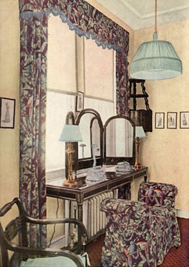 interior with patterned seating and curtains
