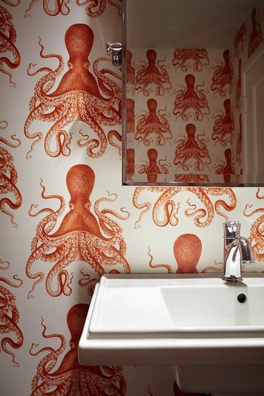 pink octopus modern wallpaper in bathroom