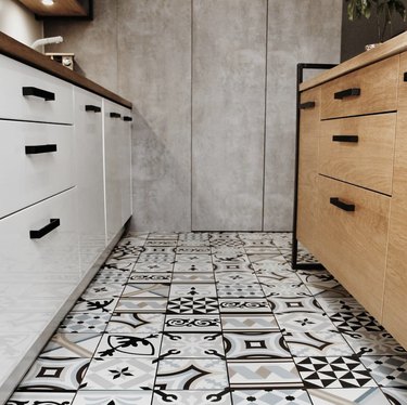 kitchen floor tile patterns in galley kitchen with wood island