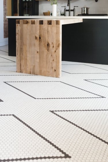 diamond kitchen floor tile patterns in white and black kitchen with wood counter