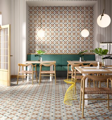 multicolored kitchen floor tile patterns in restaurant