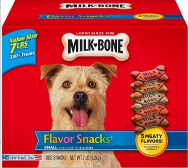 box of milk bone treats with photo of dog on the front