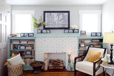 Interior with white painted brick fireplace